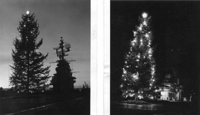 60 ft Christmas tree rises from the Hangar Deck to the Flight deck on Elevator #1